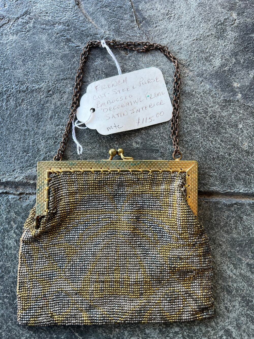 Antique French Cut Steel Micro Beaded Evening Purse Gold Gilt Frame